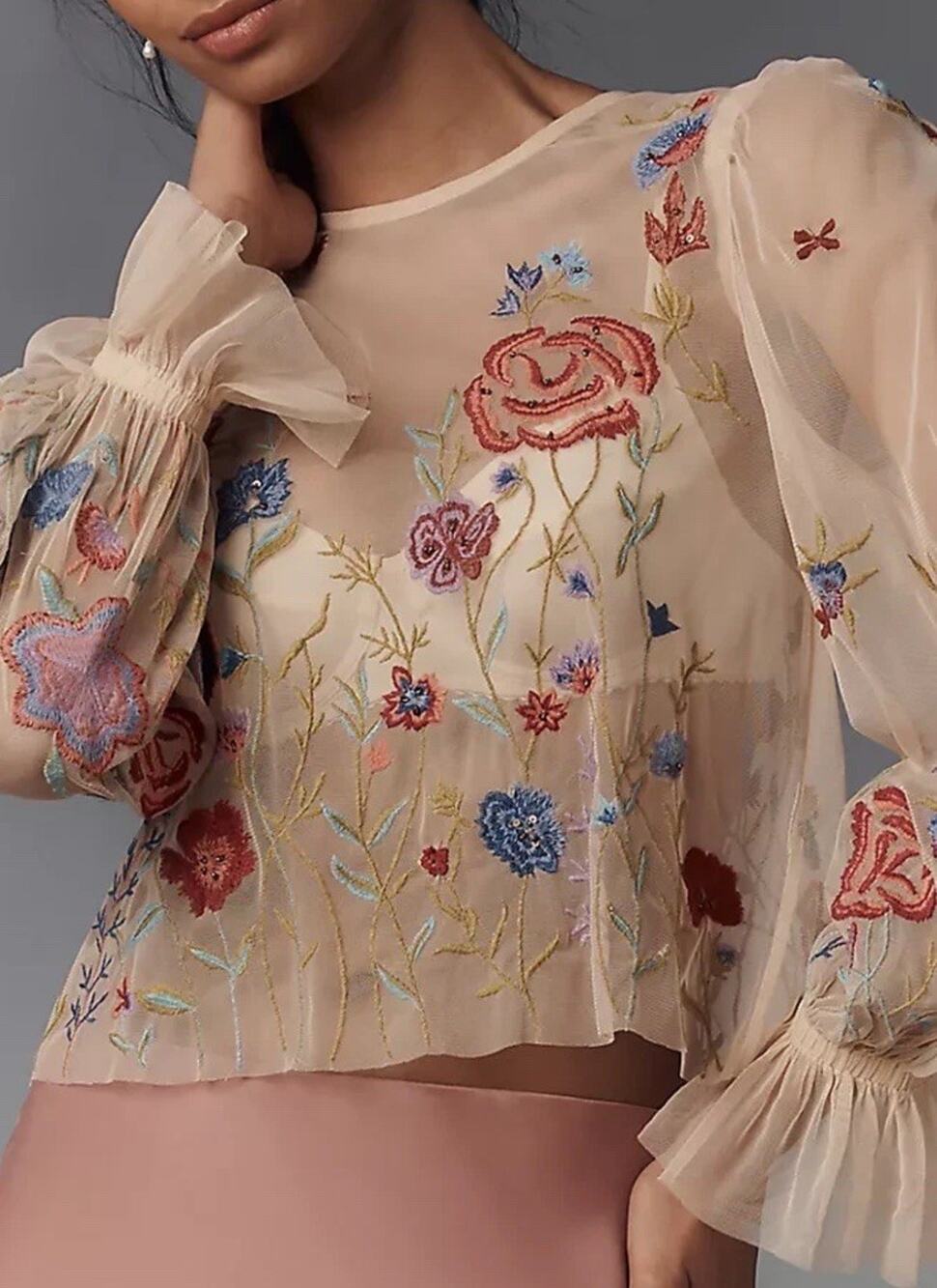 Anthropologie Layla Embroidered Mesh Blouse XXS Floral L/S Boho Fairy Botanical